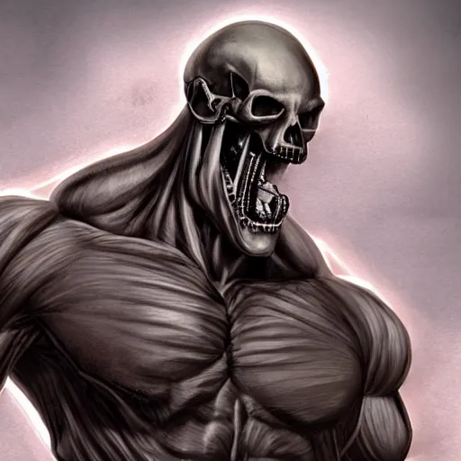 Prompt: A Large Muscular man with a Skeleton Head, high quality digital concept art