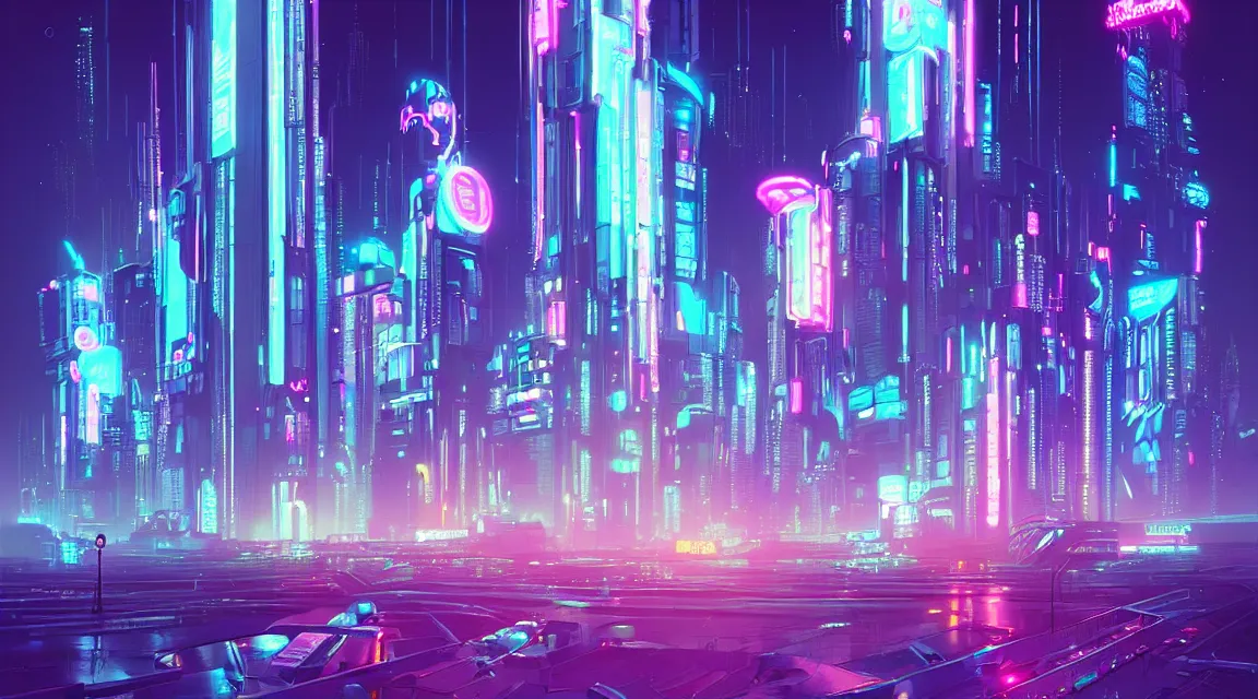 Prompt: street view of futuristic cyberpunk city at night with neon lights, retro. james gilleard. cyberpunk art by stephan martiniere, cgsociety, ring towers, line art, retrofuturism, retrowave, futuristic, zaha hadid, beeple