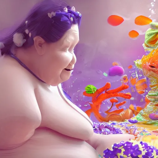 Prompt: of a very beautiful scene. ambient occlusion render. a sweet fat old woman is giving a birth to a huge colorful fish. flowery dress. mirror. symmetrical face, red mouth, blue eyes. deep focus, lovely scene. ambient occlusion render. concept art. unreal engine.