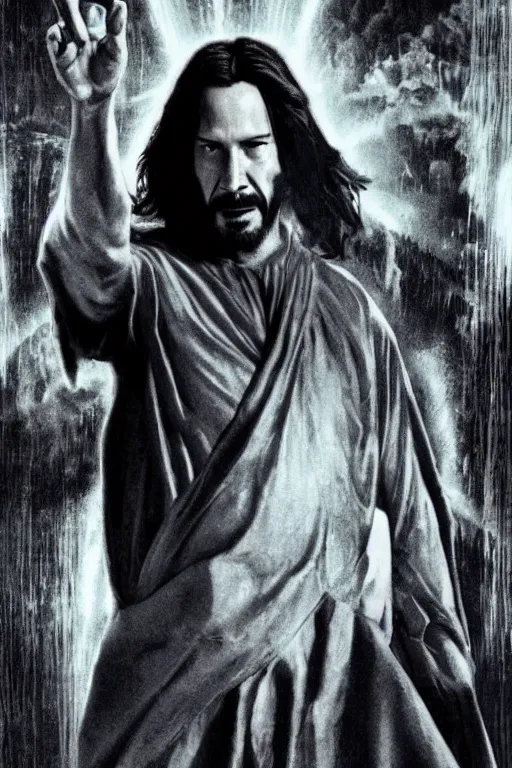 Prompt: Keanu Reeves as Jesus Christ on the cover of a movie poster for a movie directed by Christopher Nolan, movie poster design, Keanu is t-posing, t-pose