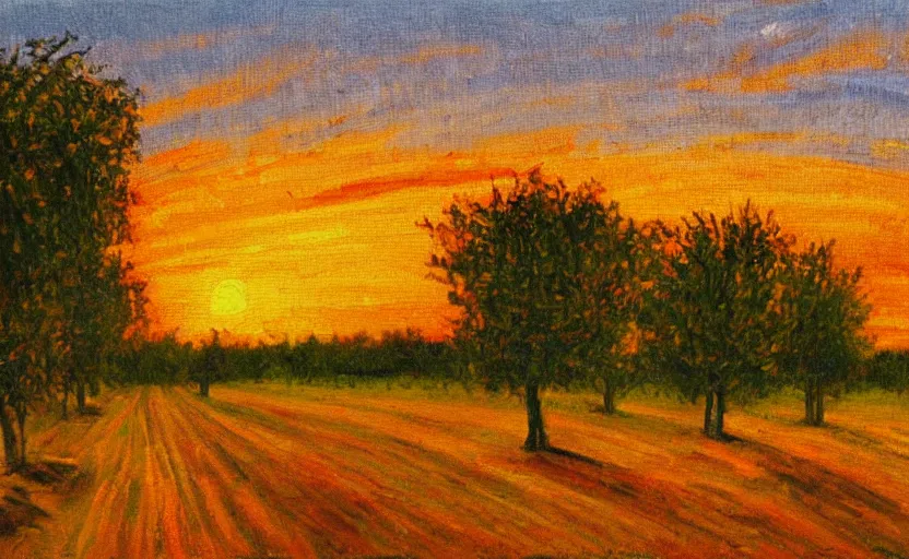 Image similar to rows of an orchard at sunset, impressionist painting, oil on canvas, golden hour, beautiful lighting