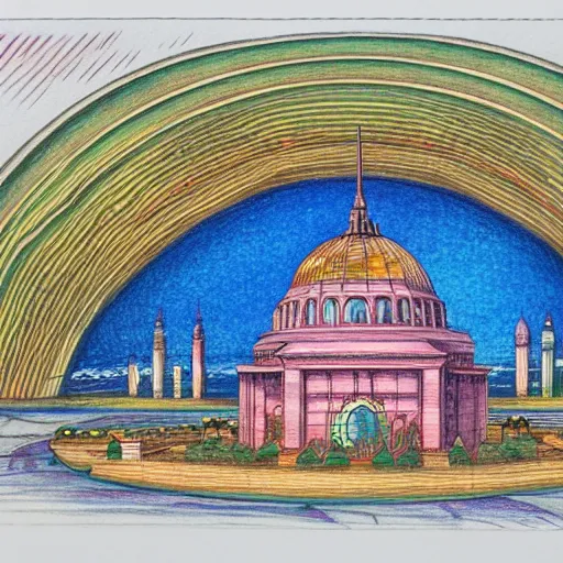 Image similar to Accurate and realistic representation of a city trapped inside a crystal clear dome. Harmonic colored disposition, expertly blended and shaded. HD. 8k. 4.k HQ. UHD . Colored pencils and color inks on two joined sheets of paper