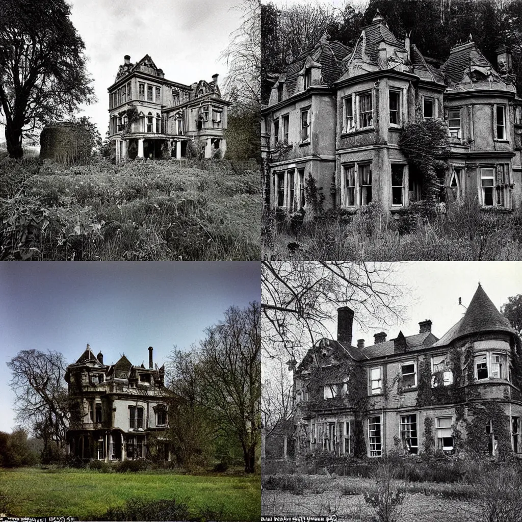 Prompt: epic overgrown victorian mansion in desolate conditions in a beautiful landscape as an early 1975s photograph