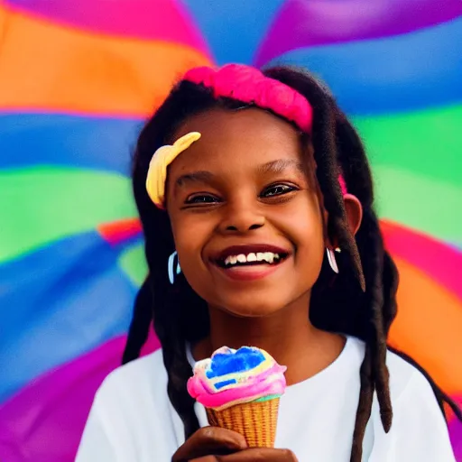 Image similar to photo of a little 👧🏾 girl with dreads eating ice cream smiling, sitting on top of a rainbow, 35mm photo, high quality, 4K, 8K, realistic, perfect eyes, perfect face, beautiful, detailed, 8k resolution, Kodak 35mm