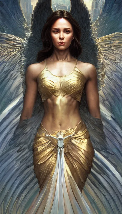 Image similar to archangel, perfectly-centered-Portrait of the most beautiful women on the planet, sweaty, dynamic action pose, insane, intricate, highly detailed, digital painting, artstation, concept art, smooth, sharp focus, illustration, Unreal Engine 5, 8K, art by artgerm and greg rutkowski and alphonse mucha