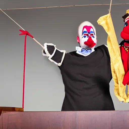 Image similar to puppeteer in puppet show using a string marionette of a president with clown makeup in a podium