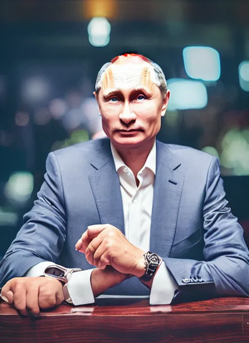 Prompt: a professional photo of person looking like vladimir putin sitting on bar, hand on table, rolex watches, taken in night club, blur background