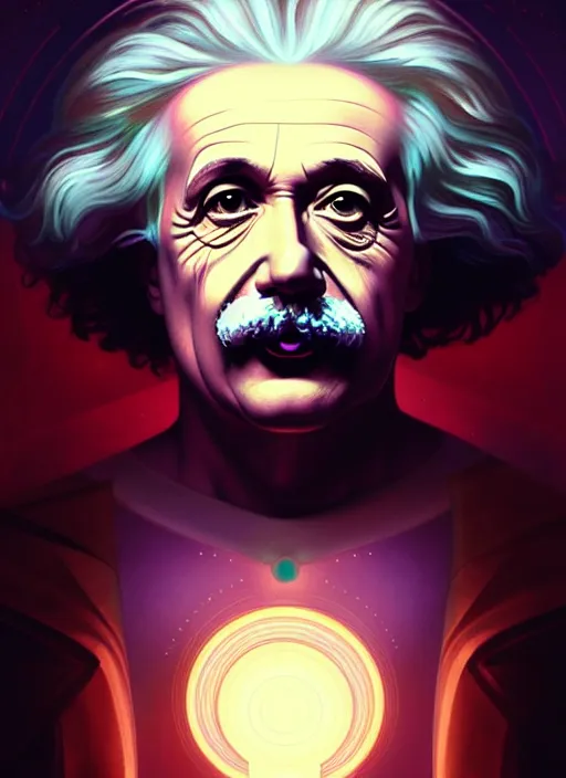 Image similar to symmetry!! portrait of einstein, sci - fi, glowing lights!! intricate, elegant, highly detailed, digital painting, artstation, concept art, smooth, sharp focus, illustration, art by artgerm and greg rutkowski and alphonse mucha, 8 k