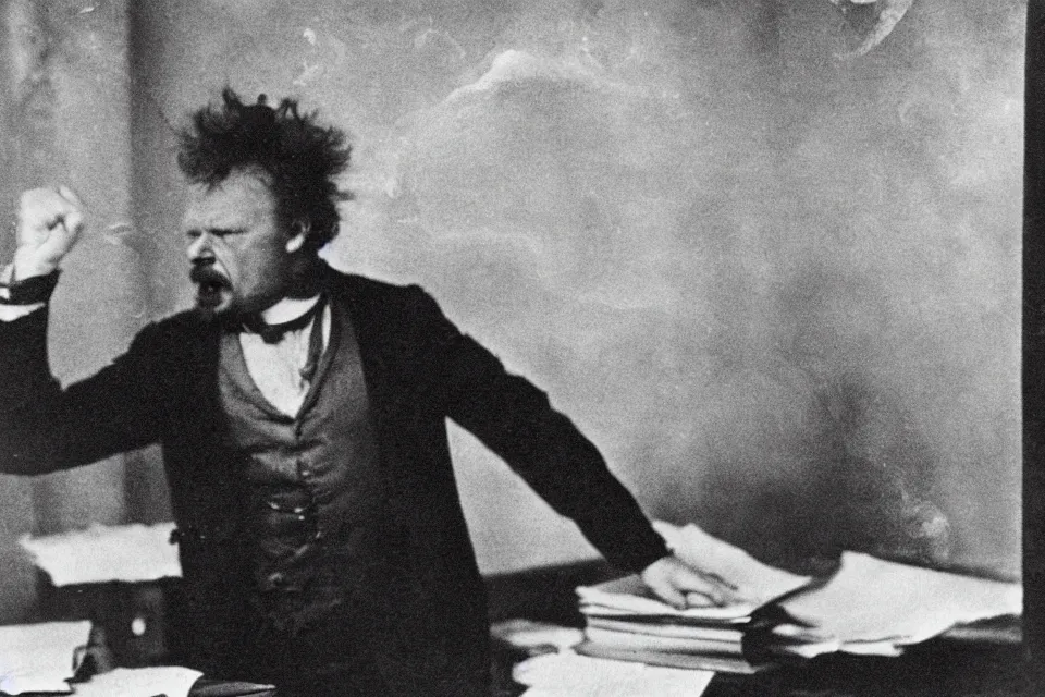 Image similar to wet plate photograph, august strindberg angry shouting and throwing papers and banging his fist on a secretary desk in a small messy viennese apartment, night time, alone, lamplight, victorian era, depth of field, very detailed, cigarette smoke, highly accurate, intricate