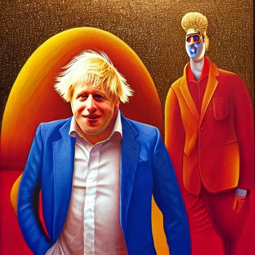 Image similar to rishi sunak and boris johnson on mars, abstract oil painting by gottfried helnwein pablo amaringo raqib shaw zeiss lens sharp focus high contrast chiaroscuro gold complex intricate bejeweled