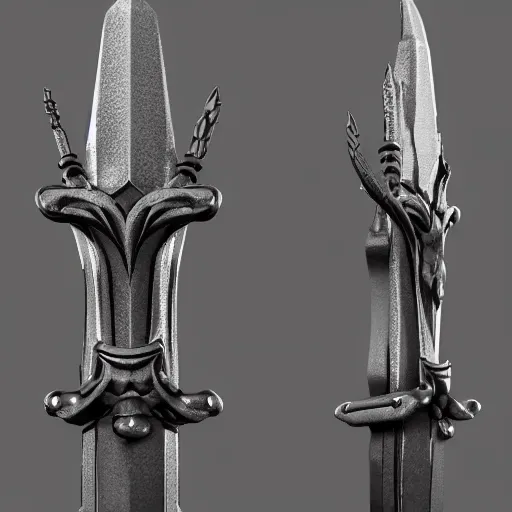 Image similar to a black long sword skull crest, orthographic, ornament, weapon, a 3 d render by dom qwek, studio lighting, front side view full sheet, trending on polycount, artstation, hard surface modeling, rendered in maya, 3 ds max, blender, artstation hd, vray