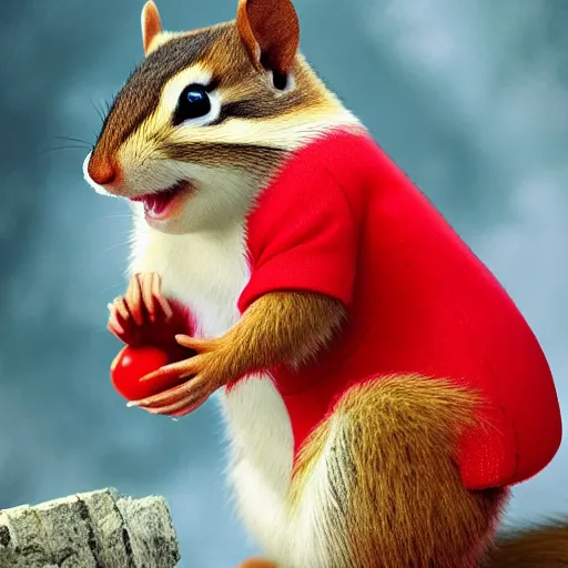 Prompt: a high quality photo of a chipmunk wearing a red suit and eating, render, ultra realistic, cgsociety