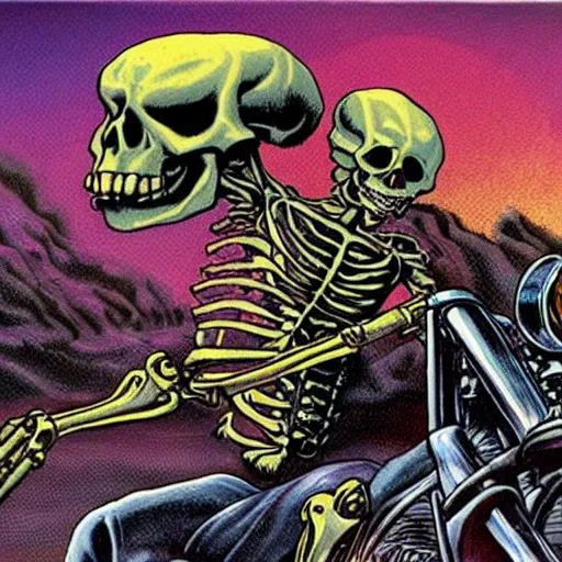 Image similar to richard corben style album cover artwork painting of ghost rider skeleton on a motorcycle