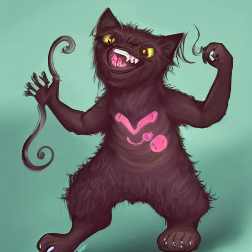 Prompt: A cute black furred dwarf cat person, wearing pink flip flops, laughing maniacally as he casts a magic spell, trending on art station, dungeons and dragons