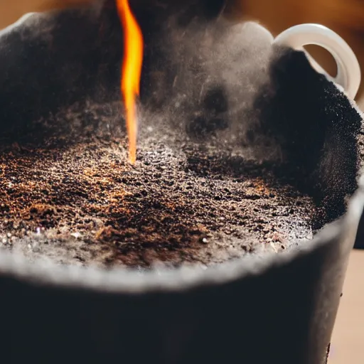 Prompt: a picture of burnt cardboard being poured into a coffee mug