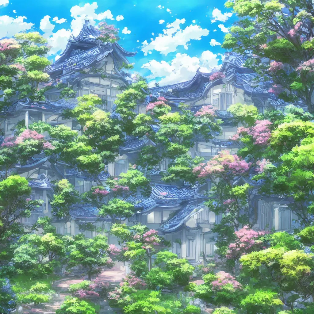 Image similar to a house with a beautiful garden and a blue sky with clouds in anime style, in the style of Lampbo Chun on ArtStation and Son Rice on ArtStation, 4k,