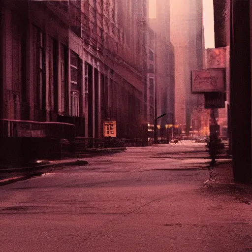 Prompt: color photograph, highly detailed abandoned New York city street at night after the war between humans and AIs, film grain, soft vignette, sigma 85mm f/1.4 1/10 sec shutter, film still promotional image, IMAX 70mm footage