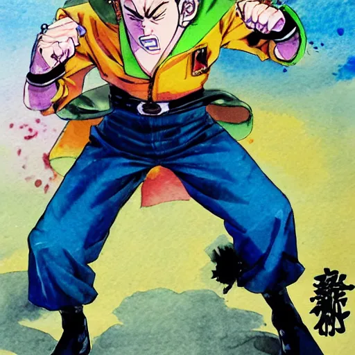 Prompt: young boy angry, pompadour hairstyle, art by hirohiko araki, jotaro kujo, action pose, manga cover, watercolor