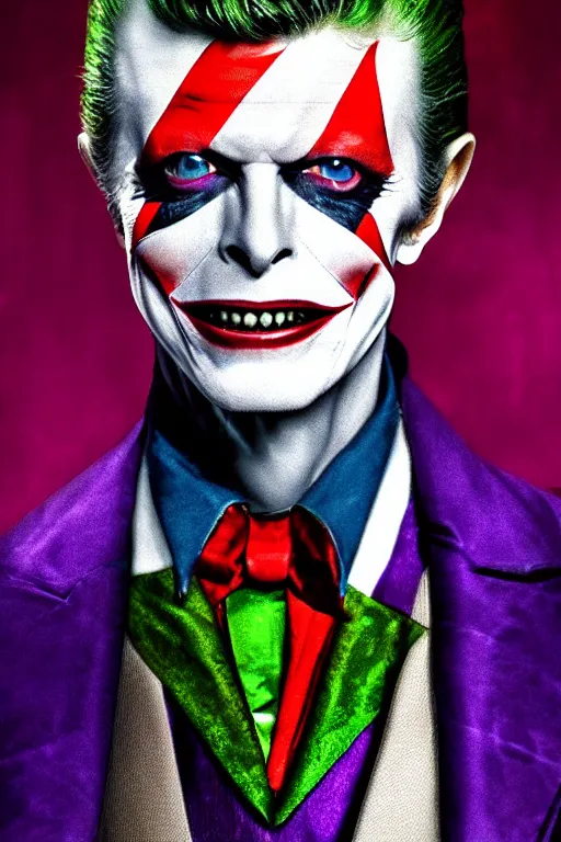 Image similar to A smiling David Bowie as the Joker in Batman, 4k