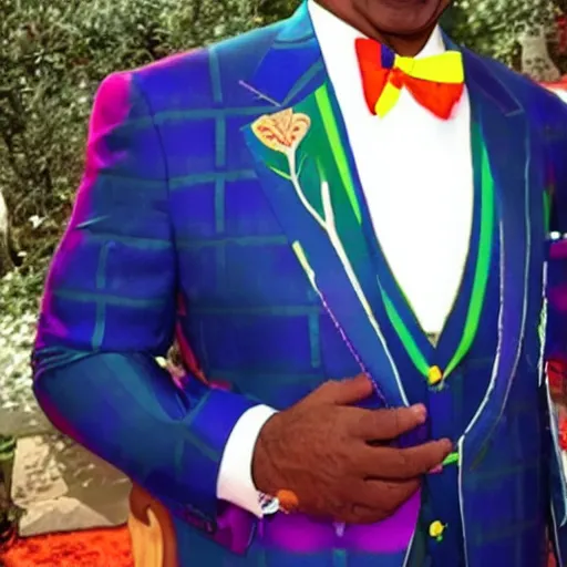 Image similar to Steve Harvey with a Rainbow Fish scale suit on