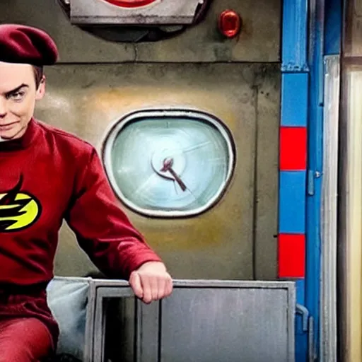 Prompt: Sheldon cooper as the flash train conductor