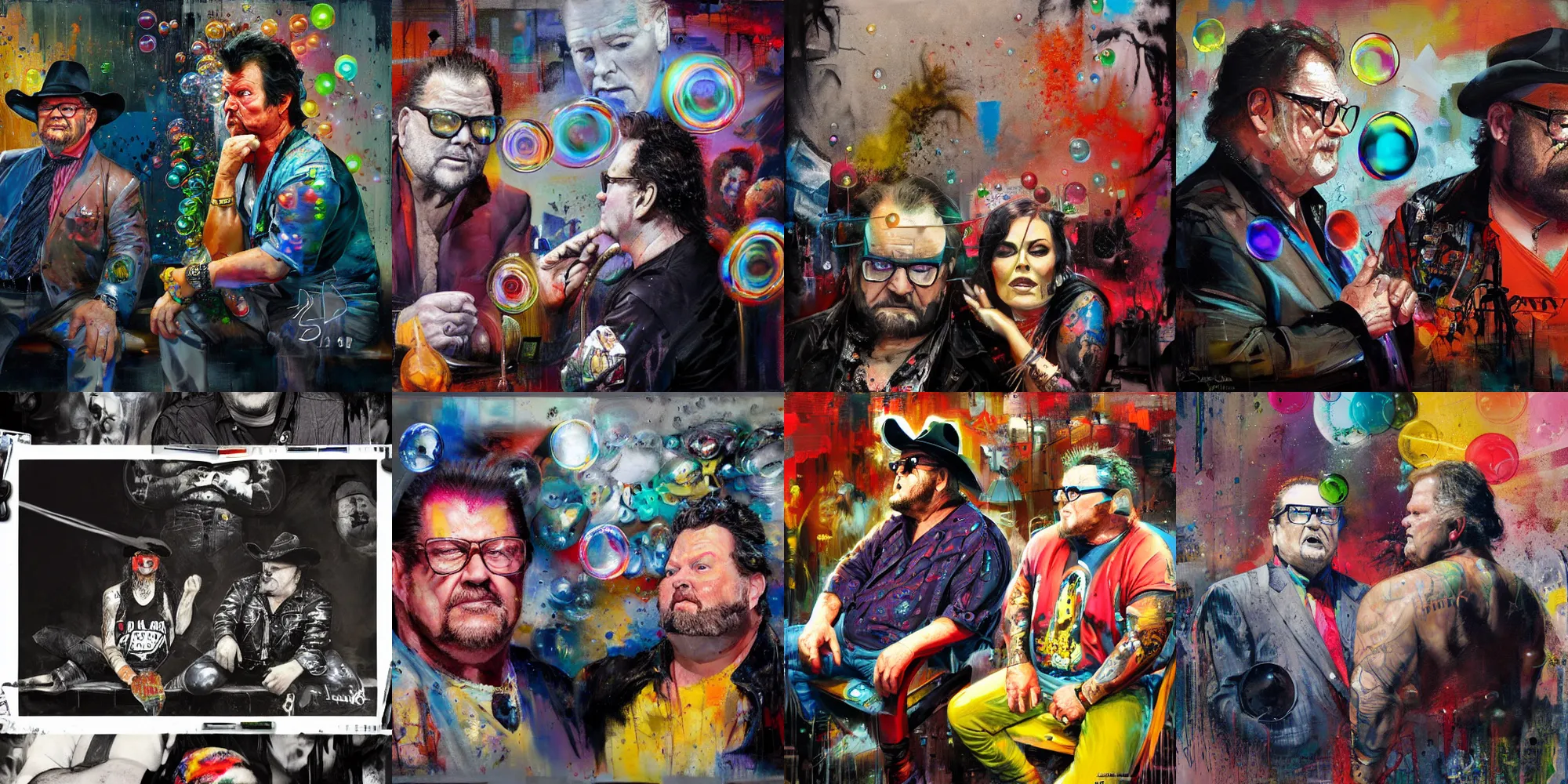 Prompt: jim ross and jerry lawler sitting ringside, j r, ( hallucinating colorful soap bubbles ), by jeremy mann, by sandra chevrier, by dave mckean and richard avedon and maciej kuciara, 8 0's, punk rock, high detailed, 8 k, trending on art station