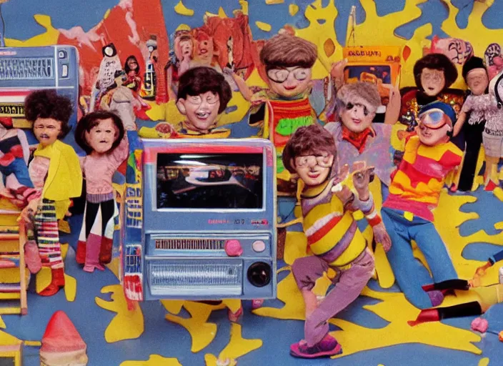 Prompt: a still from a 1 9 8 0 s stop - motion children ’ s tv programme, vhs distortion