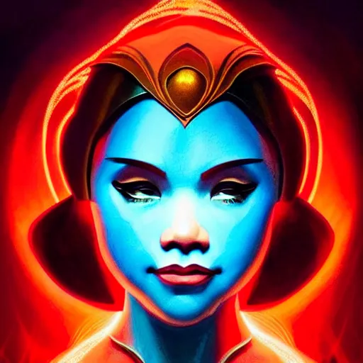 Image similar to lea salonga as darna, wax figure, glowing eyes, volumetric lights, red and cyan theme, art nouveau botanicals, intricate, highly detailed, digital painting, artstation, concept art, smooth, sharp focus, cinematic, illustration, beautiful face, art by artgerm and greg rutkowski and alphonse mucha