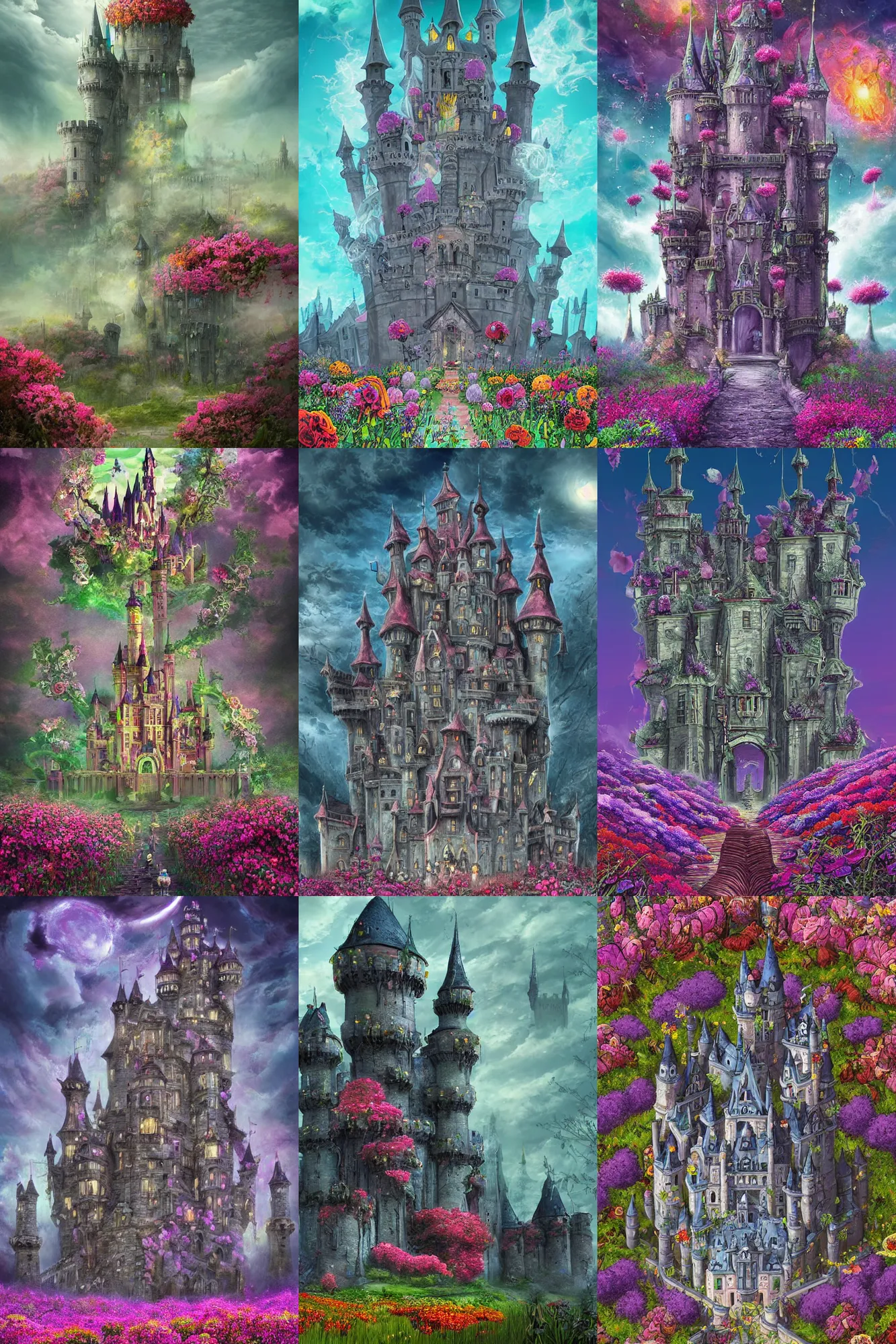 Prompt: A very phantasmagoric and ominous tall castle stands in the middle of an plain covered with colorful flowers, horror, digital art, incredible details,