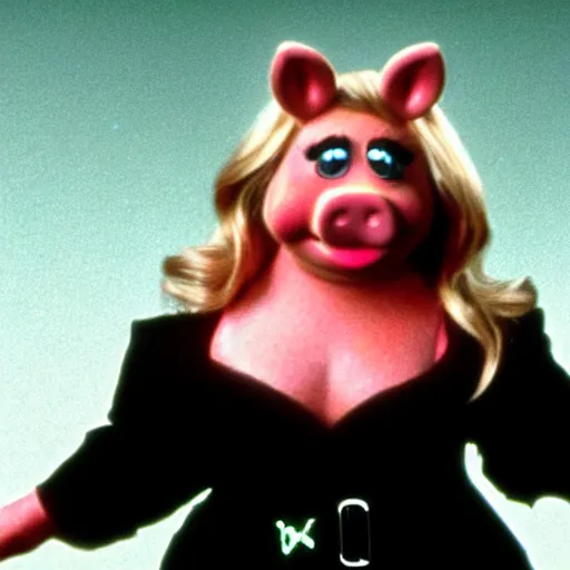 Image similar to movie still of miss piggy starring as trinity in the matrix movie