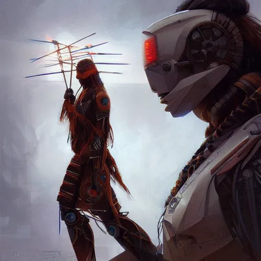 Prompt: A native american Ruler, robot, techwear, artists portrait, futuristic, fantasy, highly detailed, digital painting, concept art, sharp focus, depth of field blur, illustration, art by artgerm and greg rutkowski and alphonse mucha