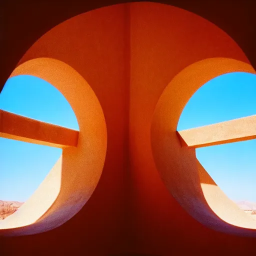 Image similar to a photo taken from inside circular Non-Euclidean clay building sitting in the desert, vintage photo, beautiful cinematography, blue sky, film grain, symmetrical, James Turrell