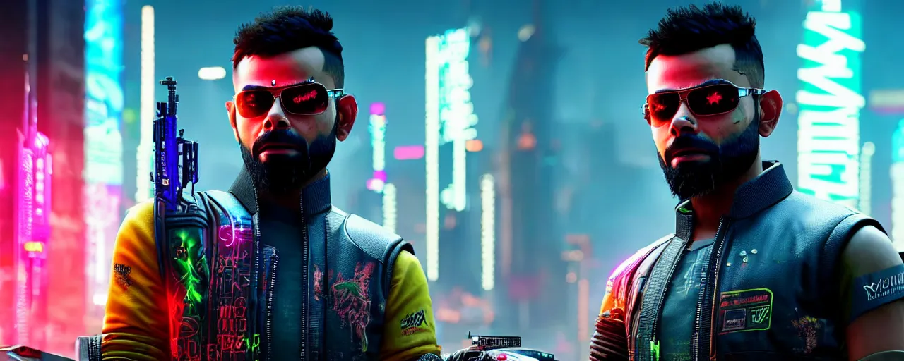 Image similar to Virat Kholi, in CyberPunk 2077, as a cyberpunk dystopia, 4k highly detailed digital art 4k highly detailed digital art