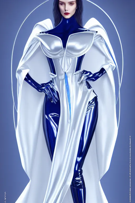 Image similar to detailed beautiful noun in opened white gold blue coat, seductive confident pose, attractive feminine curves, intricate details, futuristic, alien, elegant cape, elegant, photorealism, trending on artstation, holy halo, advanced technology, art by moebius and vitaly bulgarov and chanthara