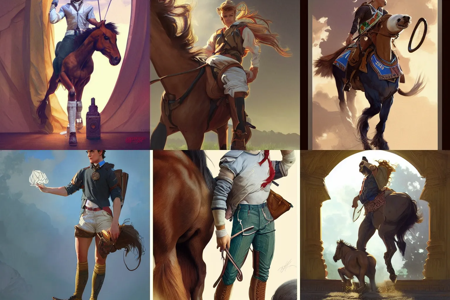 Prompt: a jock preppy student with lower half of a horse, D&D, fantasy, intricate, cinematic lighting, highly detailed, digital painting, artstation, concept art, smooth, sharp focus, illustration, art by Artgerm and Greg Rutkowski and Alphonse Mucha