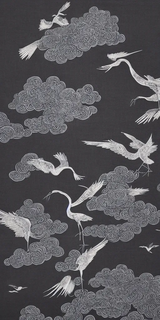 Image similar to black paper, an intricate old fashioned depiction of chinese crane, chinese auspicious cloud pattern surrounds it, symmetre, elaborate ink illustration by wu daozi, qiu ying