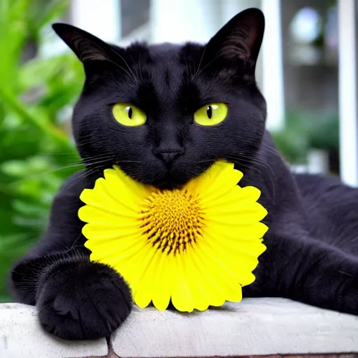Prompt: yellow flower cat, black bombay cat, happy, cheery, garden, smile