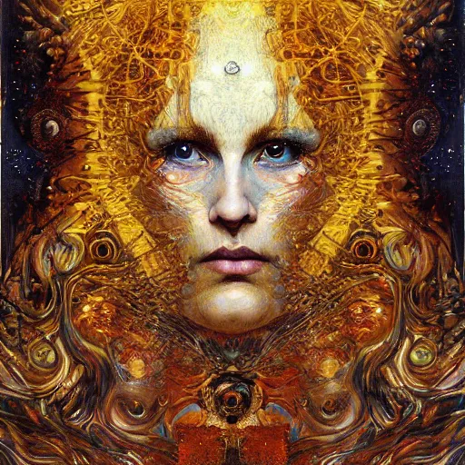 Image similar to Divine Chaos Engine portrait by Karol Bak, Jean Deville, Gustav Klimt, and Vincent Van Gogh, celestial, sacred geometry, visionary, fractal structures, ornate realistic gilded medieval icon, spirals