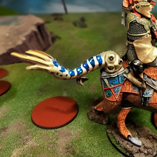 Image similar to A medieval knight riding on a giant leopard gecko towards the camera, 4k, painted wargaming miniature