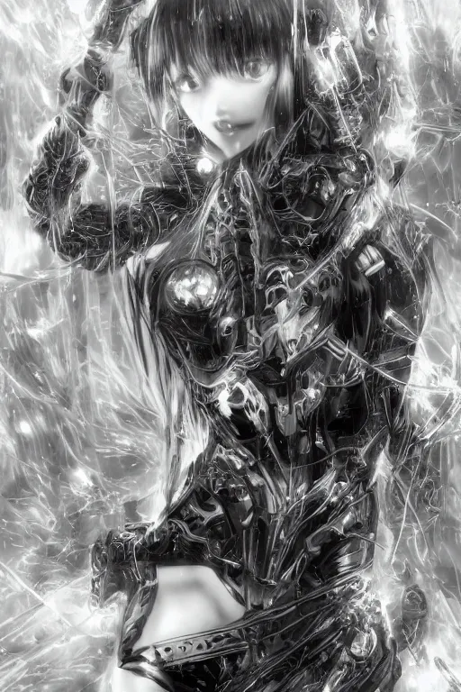 Prompt: a vertical portrait of a character in a scenic environment, black and white, dreamy, cybernetic suit, long straight black hair, highly detailed, by Yoshitaka Amano