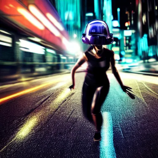 Prompt: editorial photo of a woman wearing scifi helmet running motion blur, cyberpunk night, city, raining