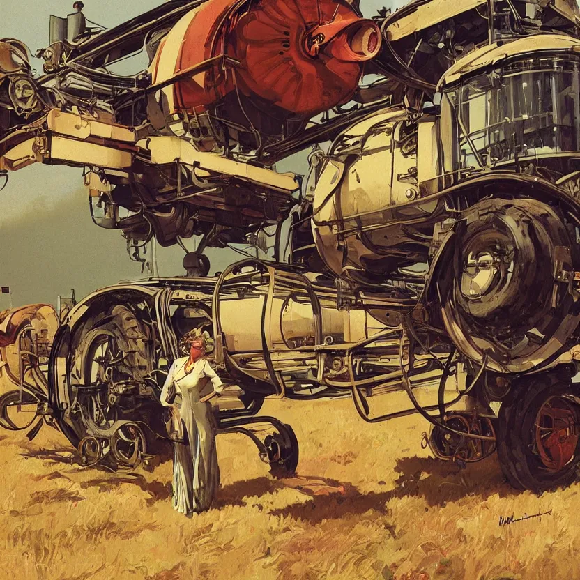 Prompt: a woman driving a flying steampunk retrofuturistic tractor on farm, by syd mead and norman rockwell. highly detailed digital art. retrofuturism. beautiful lighting. trending on artstation.