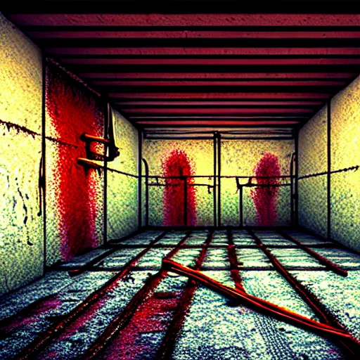 Image similar to underground prison, corroded metal bars, concrete, colorful tapestries, rugs, concept art