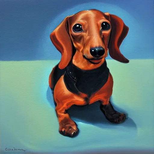 Prompt: Very happy dachshund, oil on canevas