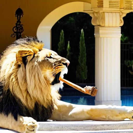 Image similar to a very detailed photo of a lion ( smoking a cigar ) outside the mansion by the pool