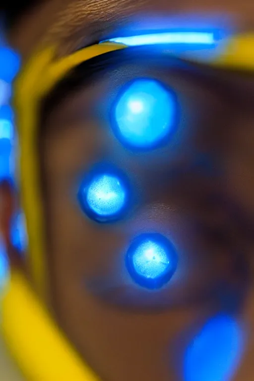 Image similar to hyperrealistic close-up blue glow exoskeleton!! sad chinese man covered highly detailed concept art eric zener elson peter cinematic side soft yellow light high angle hd 8k sharp shallow depth of field