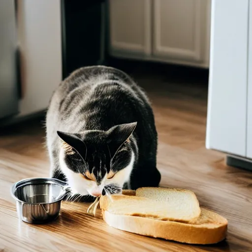 Image similar to a cat makes a ham sandwich in a kitchen, 85mm f1.8