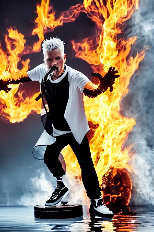 Image similar to scooter rapper baxxter with white hair standing in water shouting in the microphone with explosion and flames in background, full body, white shirt, black pants, reflection in water, volumetric lighting, detailed eyes, dynamic pose, golden ratio