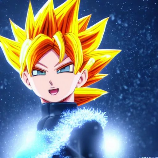 Prompt: portrait focus of Super Saiyan beautiful 3D anime gir !!! posing, lightning aura, frozen ice !! dark forest background, snowing, bokeh, inspired by Masami Kurumada, digital painting, high contrast, unreal engine render, volumetric lighting, high détail