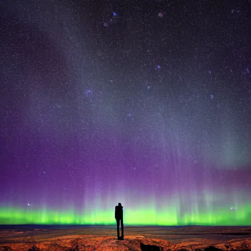 Image similar to 4K Epic Ultra HD detailed award-winning wallpaper silhouette of lonely man standing on rock looking at huge vast sky universe Milky Way aurora